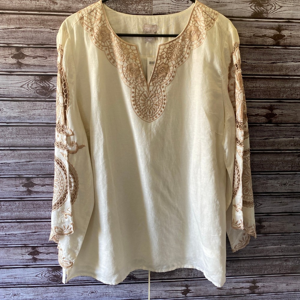 Chico's Women's Long-Sleeved Tunic Size LP Off-White Gold Embroidered V-Neck NWT